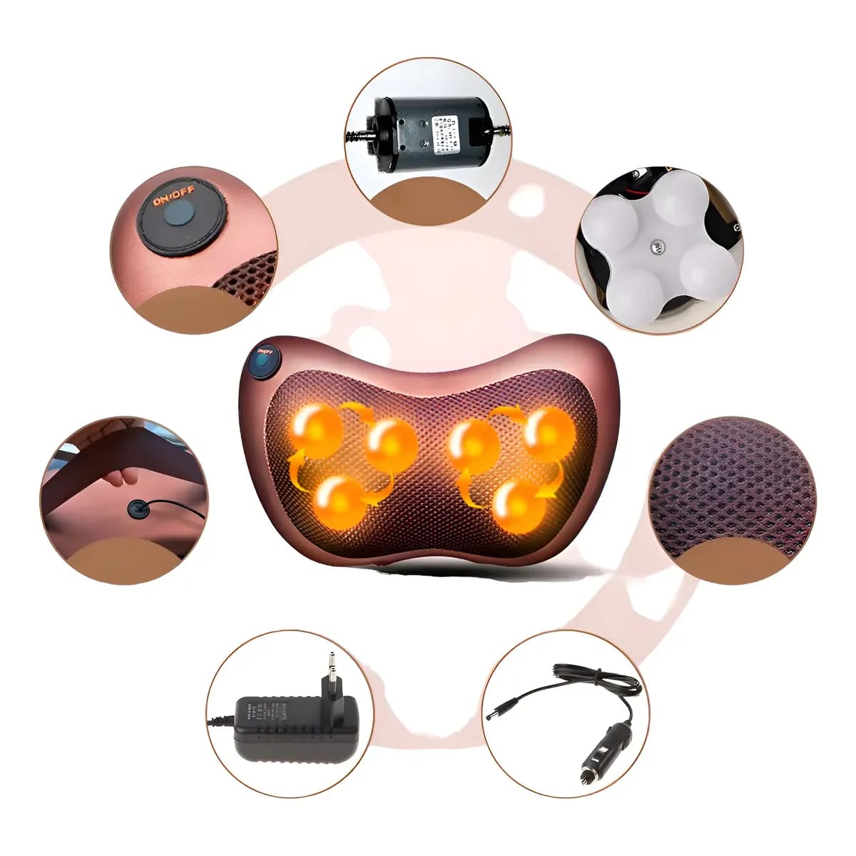 COJIN MASAJEADOR SHIATSU 8 RODILLOS CON TERMOTERAPIA