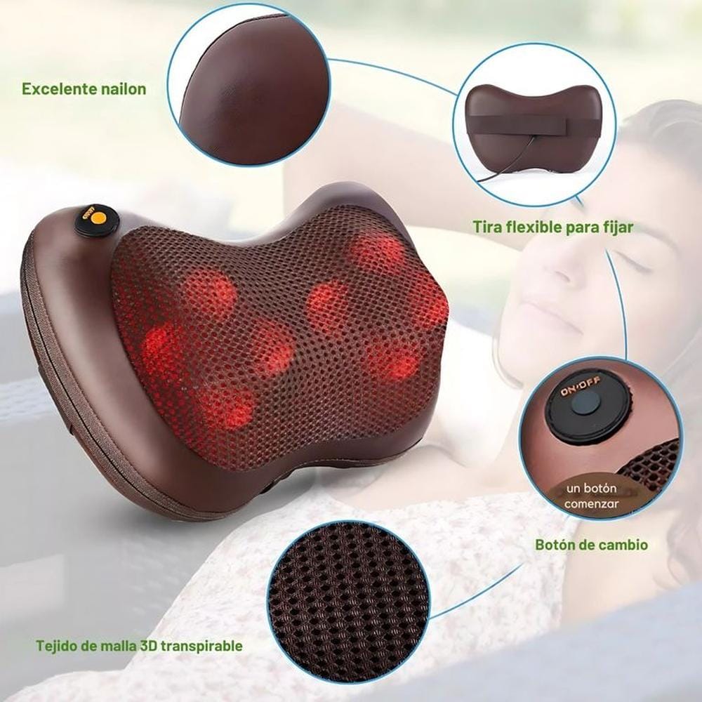 COJIN MASAJEADOR SHIATSU 8 RODILLOS CON TERMOTERAPIA