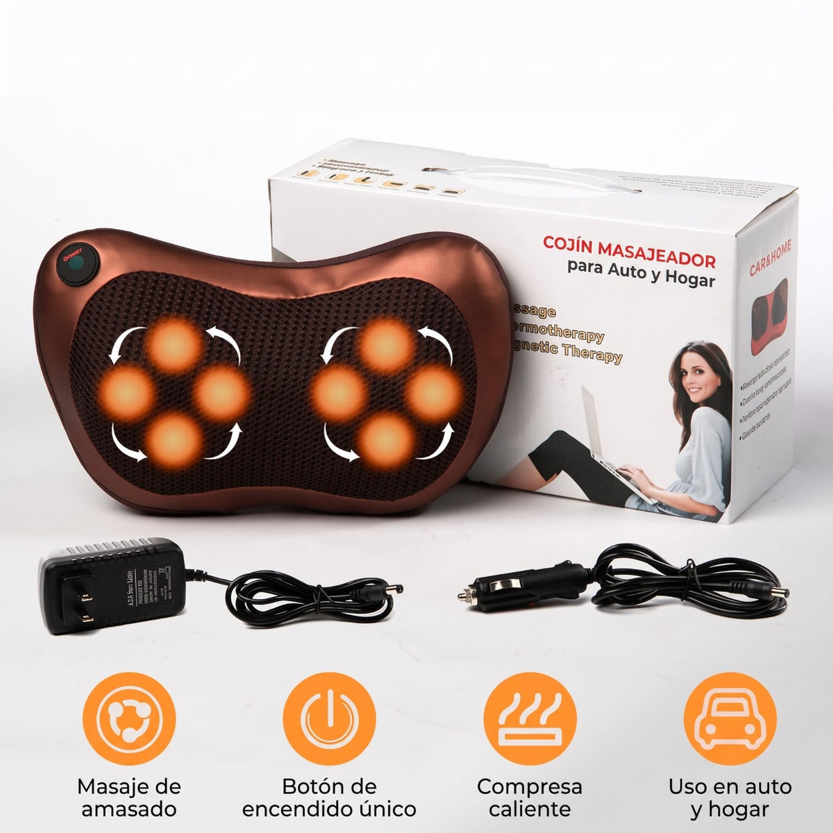 COJIN MASAJEADOR SHIATSU 8 RODILLOS CON TERMOTERAPIA